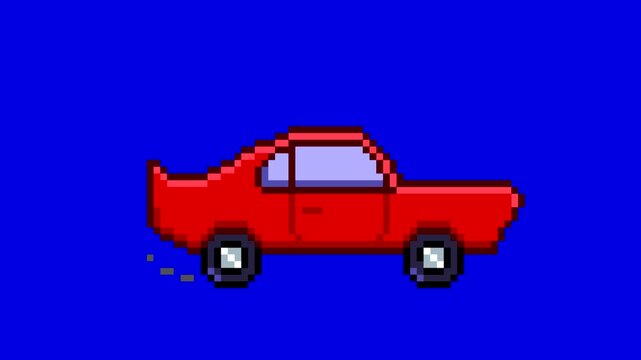 Animation of a car in pixel art style with a green background, pixel art, 2D.