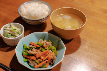 Japanese dinner with stir-fried pork and vegetables
