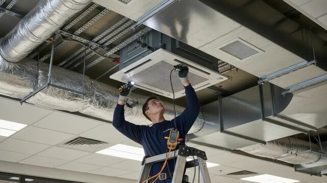 technician on ladder inspects ceiling-mounted air conditioning unit illuminating it with flashlight Various insulated and exposed ventilation ducts along with electrical conduits are visible overhead