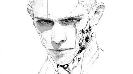 Artistic portrait of a futuristic cyborg with detailed mechanical elements
