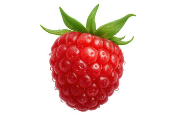 Single fresh red raspberry still life with green leaves, ripe raw berry fruit isolated on transparent background