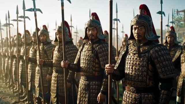 Rows of Ancient Chinese Soldiers in Intricate Armor and Helmets Standing in Formation on Misty Battlefield, Readiness for Impending Combat