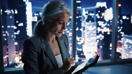 gray hair Woman analyzing finances on tablet with city in background, modern urban lifestyle and business concept - Powered by Adobe