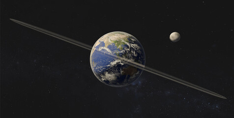 Conceptual illustration of Earth with a prominent ring system encircling the planet along its equatorial plane. Elements of 3D rendered illustration were furnished by NASA.