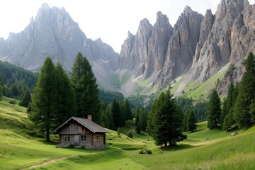 A small cabin in the middle of a grassy field with mountains in the background