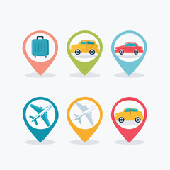 Plan your trip with location pin icons including airplane, car, and luggage, travel planning made easy, get ready for your next adventure