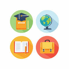 Engaging back to school icons, ideal for education projects, featuring a graduation cap, globe, open book, and stylish briefcase, perfect for learning designs