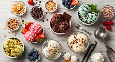 Colorful ice cream flavors with toppings with delicious dessert, wooden table, and top view.