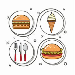 Appetizing fast food icons featuring burgers, ice cream, and utensils for restaurant menus, marketing, and food-related designs, originally a scalable graphic
