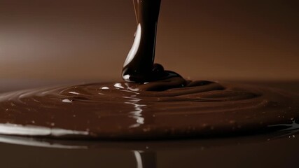 A close-up shot of rich, dark chocolate pouring and pooling on a smooth surface