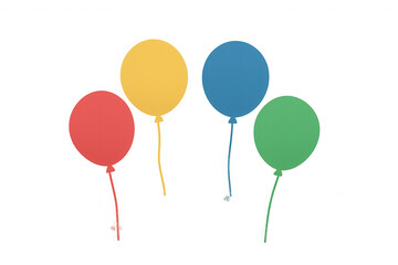 Four colorful balloons in red, yellow, blue, and green, floating representing celebration and joy, on a transparent background