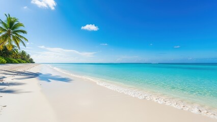 Serene tropical beach with white sand and clear blue ocean.