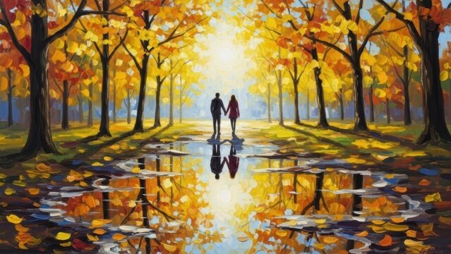 Painting of a couple walking in a colorful autumn park.