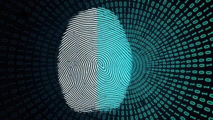 Fingerprint merging with a background of binary code.