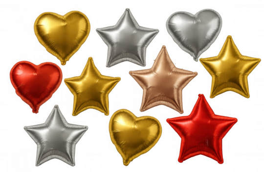 Metallic foil balloons in gold, red, silver, and rose gold for party decoration, celebration, and festive events