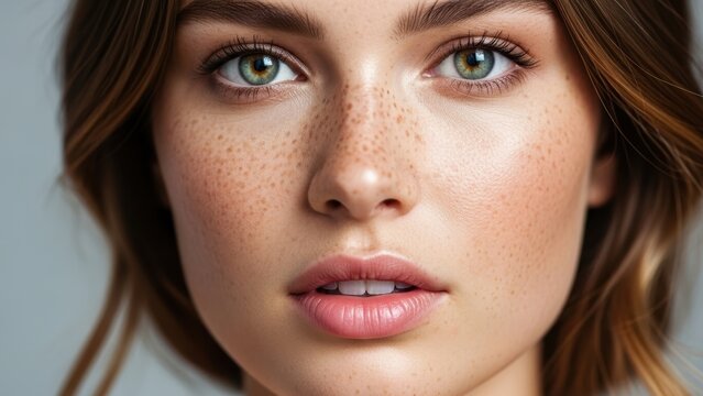 Close-up beauty shot of a woman with freckles and green eyes.