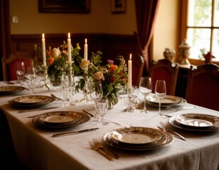 Fototapeta premium Elegant dining table set with fine china, crystal glassware, and floral centerpiece, illuminated by candlelight, creating a warm and inviting atmosphere for special occasions
