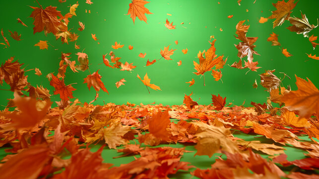 Falling autumn maple leaves with vibrant colors in motion on green screen chromakey background. Nature overlay concept seasonal atmosphere motion blur.