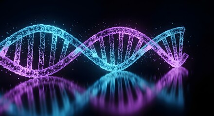 Abstract Glowing DNA Double Helix Structure with Particles and Reflection on Black Background