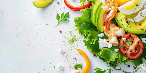 A salad with shrimp, avocado, tomatoes, and feta cheese on a white table