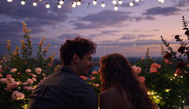 A romantic couple sitting under string lights in a rooftop garden at sunset, surrounded by blooming flowers