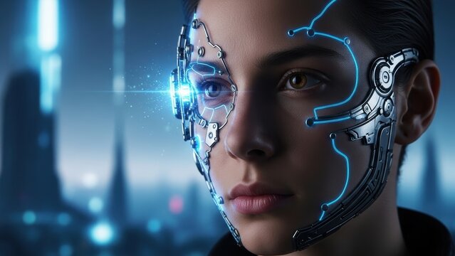 A futuristic portrait of a person with a cybernetic face implant.