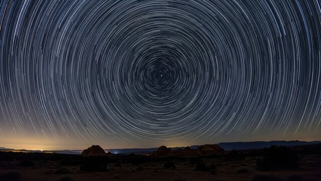 Circular star trails captured with long exposure over a rocky desert. - Powered by Adobe