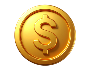 A 3D golden coin with a shiny metallic surface, embossed with a large dollar sign ($) in the center. The coin is rendered in high detail with realistic lighting and reflections, isolated on a transpar