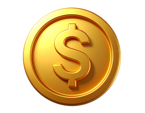 A 3D golden coin with a shiny metallic surface, embossed with a large dollar sign ($) in the center. The coin is rendered in high detail with realistic lighting and reflections, isolated on a transpar
