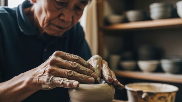 A close-up of a senior potter's hands shaping clay on a wheel.