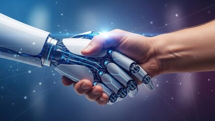 Close-up of a handshake between a human and a robot.