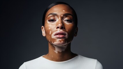 Obraz premium A powerful close-up portrait of a woman of color with vitiligo, looking directly at the camera.