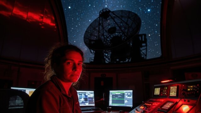 A female astronomer in a control room, with a large radio telescope and starry sky visible through the dome.
