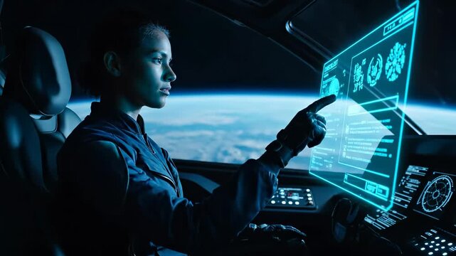 Space Exploration: A focused young woman astronaut pilots a futuristic spaceship from its cockpit, interacting with a glowing holographic interface above Earth, showcasing advanced technology