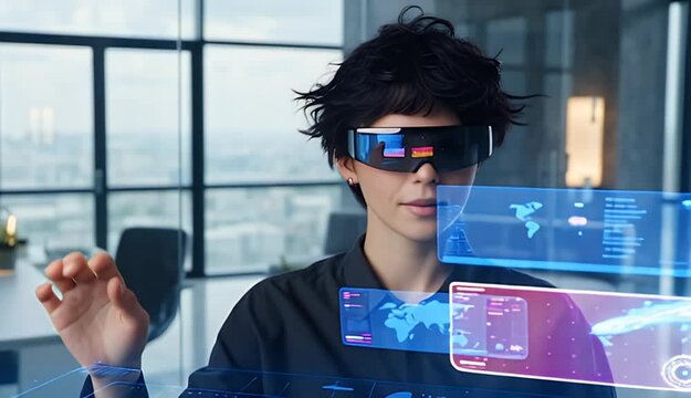 Futuristic young woman using augmented reality glasses to interact with virtual digital interface in modern office