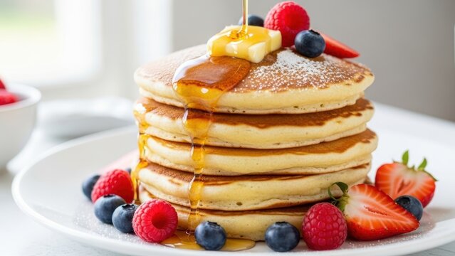 Stack of pancakes with berries, butter, and maple syrup. - Powered by Adobe
