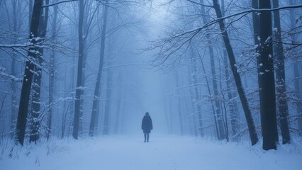 Figure walking away into a misty, snow-covered forest.
