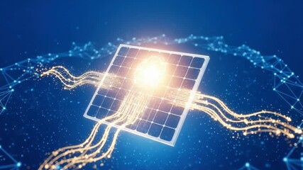 glowing solar panel with cloud symbol at its core emits golden energy streams into dynamic blue digital network symbolizing renewable energy generation and data distribution - Powered by Adobe