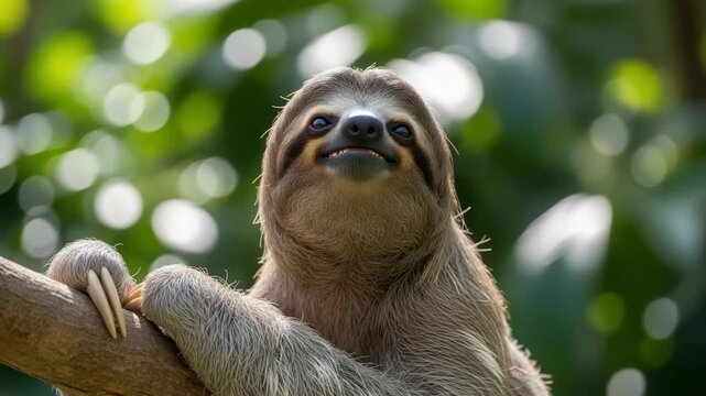 joyful sloth smiles broadly its shaggy brown and grey fur prominent as it hangs securely from tree branch Lush green foliage and soft bokeh lights create vibrant serene backdrop