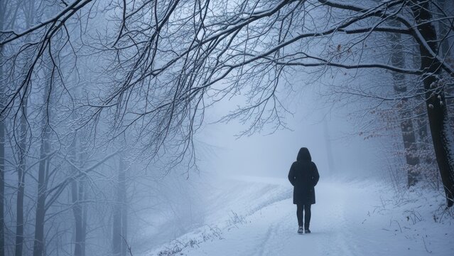 Person in a black coat walking alone in a foggy winter forest.