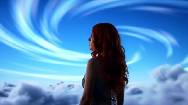 Back view of woman with long auburn hair against swirling sky blue backdrop, wearing patterned strapless top, looking upward