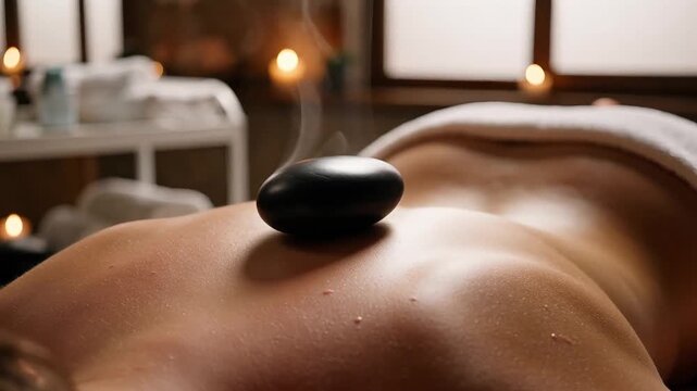 Feeling relaxed receiving a hot stone massage on her bare back in a dark spa room