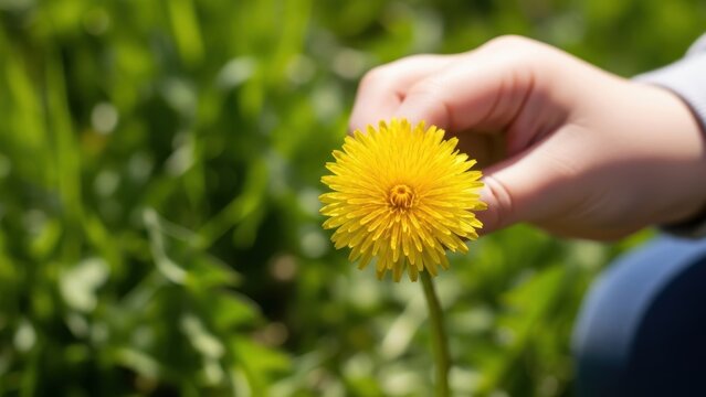 Child's hand holding a single yellow dandelion flower.