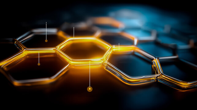 Abstract Hexagon Grid Floating in 3D Neon-Blue Space