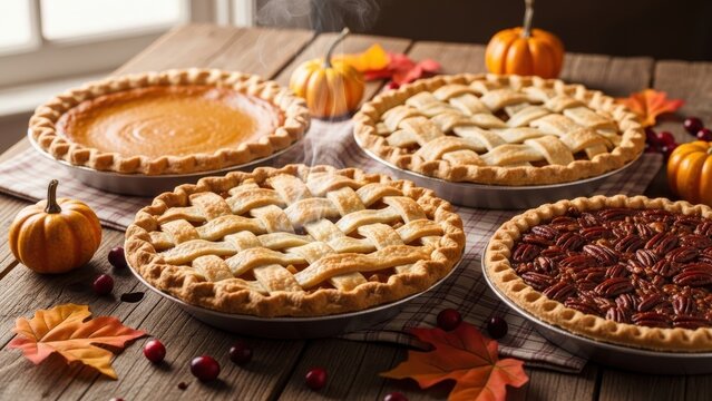 A variety of delicious homemade pies on a rustic wooden table for Thanksgiving.