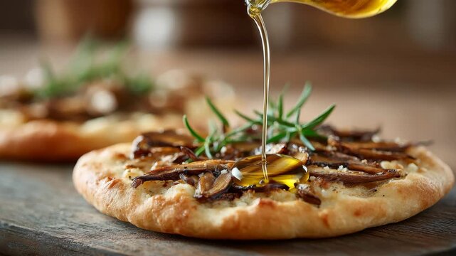 Golden olive oil drizzle on gourmet mushroom flatbread with fresh rosemary garnish in rustic setting