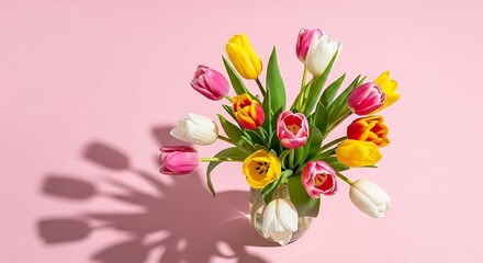 Colorful Tulip Bouquet in Vase with Shadows on Pink Background Spring Beauty.