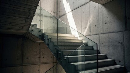 A modern concrete staircase with a glass railing, illuminated by a skylight.