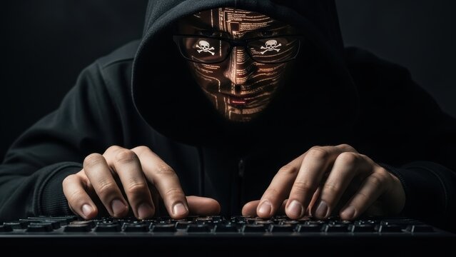 An anonymous hacker in a black hoodie typing on a keyboard in the dark.