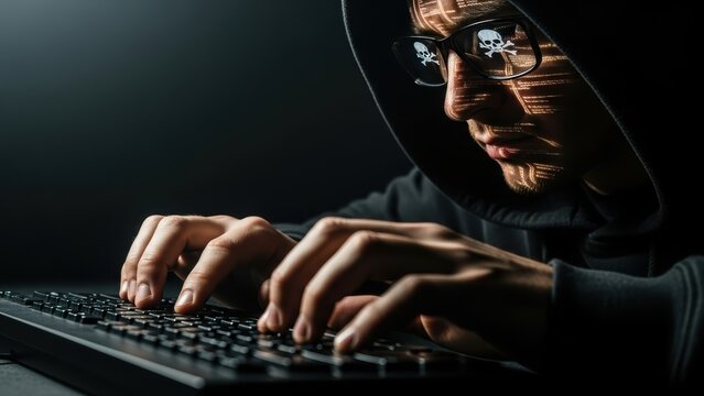 A close-up side view of a hacker in a hoodie typing on a keyboard.